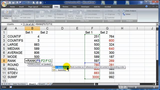 Statistical Analysis Functions with Excel