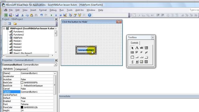 Excel VBA USERFORMS #1 Make Userform, Add a Button, Button Click Hides Form