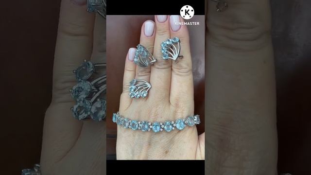 Натуральный голубой топаз.!!! Вечерние украшения - кольцо, серьги и браслет. Серебро