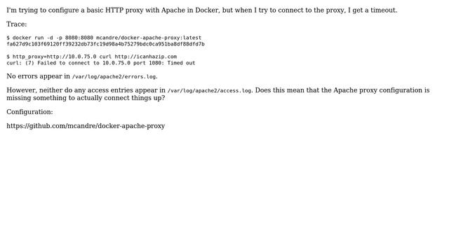 Unix & Linux: How to fix apache proxy timing out in Docker? смотреть онлайн