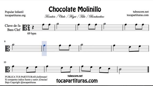 Chocolate Molinillo Partitura de Trombón Chelo Fagot Bombardino Tuba Clave de Fa смотреть онлайн