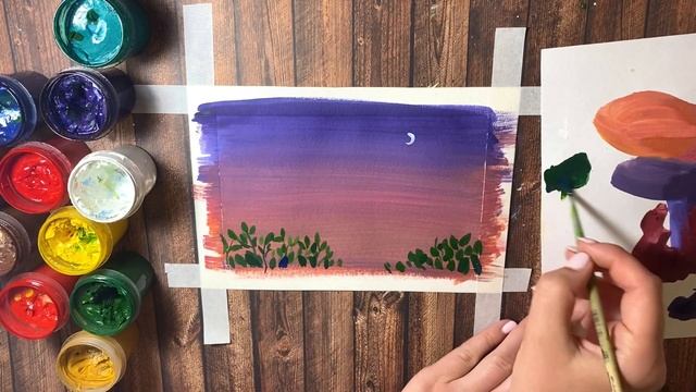 Летняя ночь гуашью. Рисуем небо со звездами, луну и летние цветы. Поэтапное рисование для начинающи