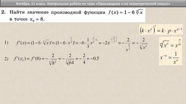 Алгебра 11 класс  //  Производная и ее геометрический смысл // Контрольная работа // Учебник Алимов