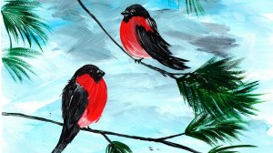 Рисуем снегиря на ели. Рисуем снегиря легко. Зимний пейзаж гуашью. Рисуем зиму. Рисуем новый год.