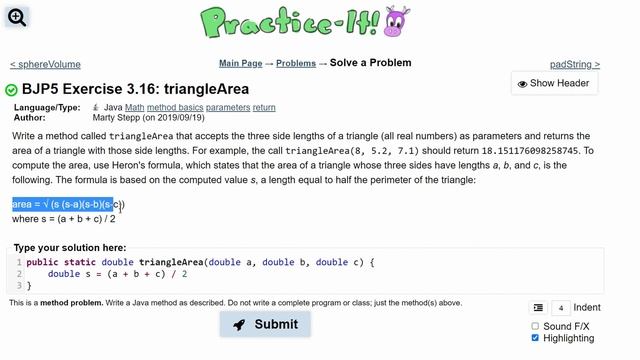 Java Practice It || 3.16 cylinderSurfaceArea || method basics, parameters, return, math. смотреть онлайн