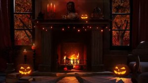 Spooky Halloween Fireplace with Rain on Windows Sound - Relax and deep Focus Ambience