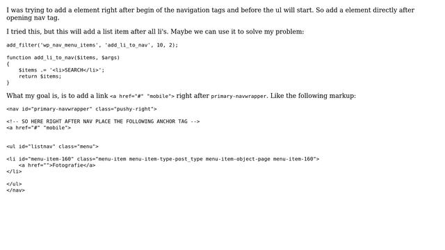 Wordpress: How to add a element with walker menu right after begin of the navigation tags? смотреть онлайн
