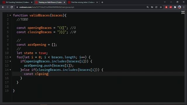 Solving Bit Counting, Valid Braces & Missing Letter | CodeWars Code Challenge #2