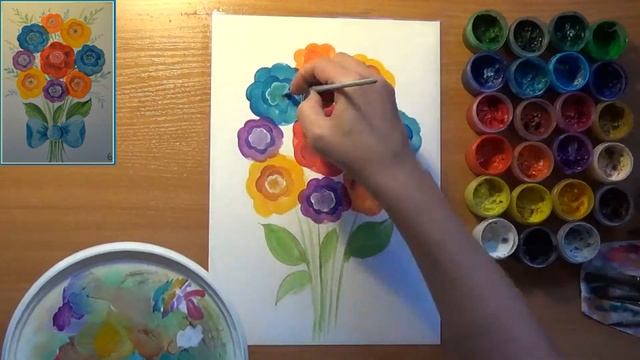 Как нарисовать букет цветов для мамы. Простой букет цветов. Для детей. Гуашь смотреть онлайн