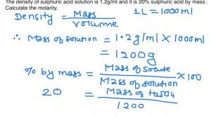 The density of H2SO4 solution is 1.2 g/ml and it is 20% H2SO4 by mass . Calculate the molarity.