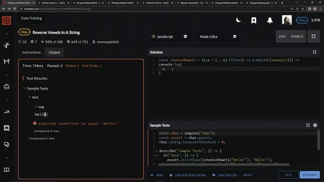 Learn JavaScript | Codewars 6 kyu Season 2 - Reverse Vowels in a String