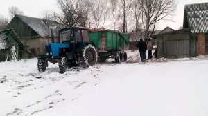 МТЗ 82 тащит прицеп дров по распаханному полю