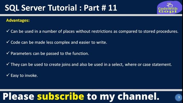 SQL Server - User Defined Functions |UDF Advantage vs Disadvantage|SQL Server Tutorial for beginner