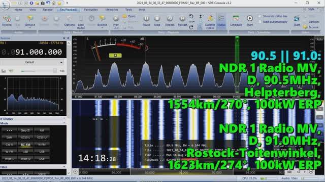 14.08.2023 11:18UTC, [Ms], NDR Radio 1 MV, Германия, 90.5МГц, 1554км и 91.0МГц, 1623км