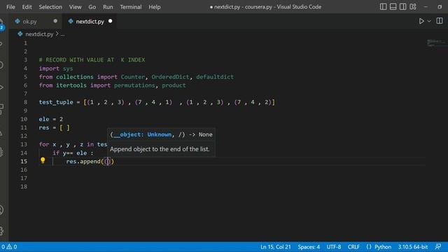 Record with value at k index in python