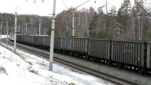 Грузовой состав трогается с места 2ЭС6-360 + ВЛ10-1362
