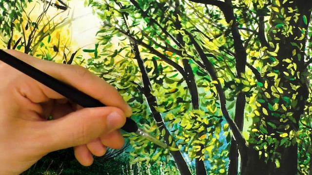 Лесной пейзаж акварелью и гуашью. Обновление старого рисунка. смотреть онлайн