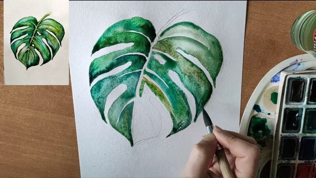 Как нарисовать лист монстеры акварелью // Short watercolor painting tutorial: leaf of monstera смотреть онлайн