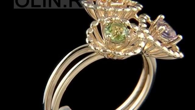Колечко "Букетик" из золота с аметистом, хризолитом и цитрином смотреть онлайн