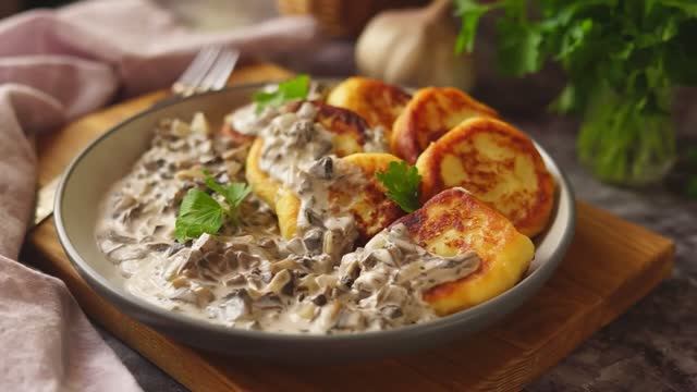 Очень вкусные картофельные оладушки с грибным соусом