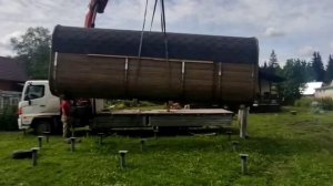 разгрузка, установка бани-бочки 6*2,4