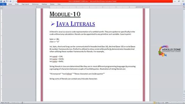 JAVA - Lecture 10 JAVA LITERALS