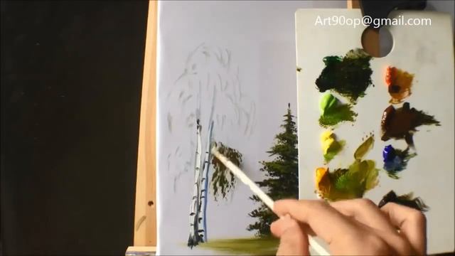 How to paint trees with fan brush - Acrylic lesson смотреть онлайн