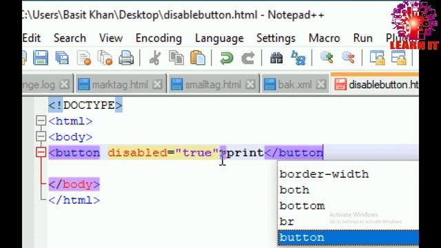How to disabled button in html//disabled button//enabled button//html tutorial//learn IT 9M