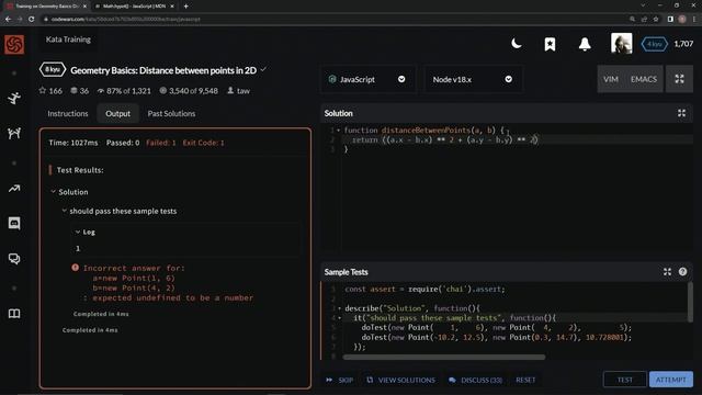 Codewars 8 kyu Geometry Basics: Distance between points in 2D Javascript