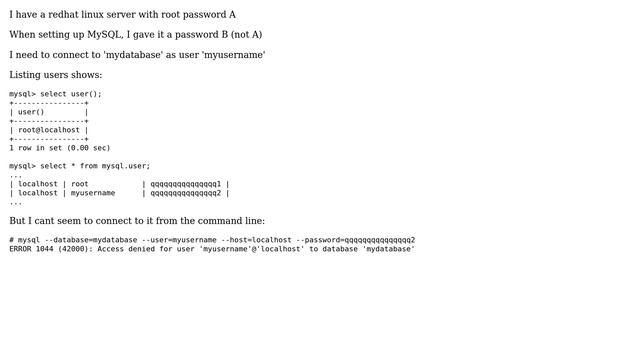 Unable to connect to database as created user - ERROR 1044 (42000): Access denied for user смотреть онлайн