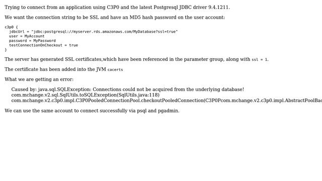 Connecting to RDS Postgres via jdbc & c3p0 unable to acquire from the underlying database смотреть онлайн