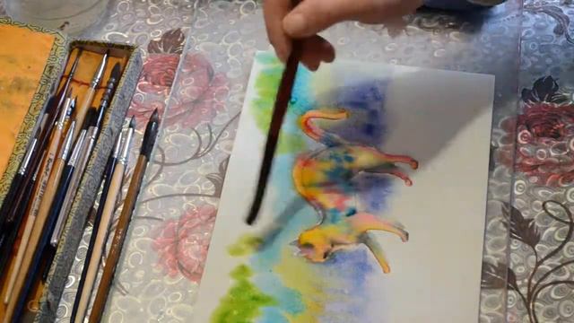 Кошка на прогулке. Акварель.