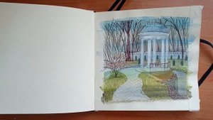 Пленэр №5. Рисую на улице. Цветные карандаши на акварельной подложке.
