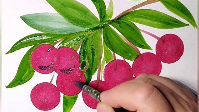 Как просто нарисовать ягоды черешни гуашью и круглой кистью-губкой. смотреть онлайн