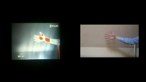 Тепловизор видео, принцип работы тепловизора, рука на фоне горячего тела