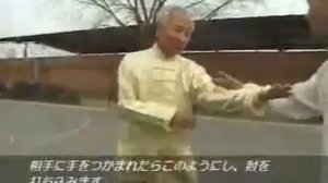 Мастер Инь ши багуачжан Чжу Баожэнь показывает прикладные применения (юнфа) японским журналистам.