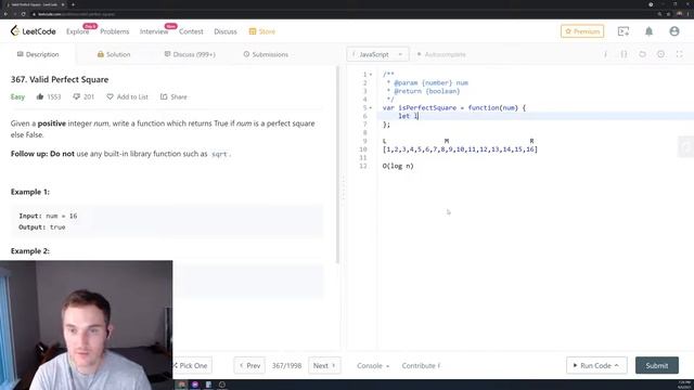 367  Valid Perfect Square LeetCode (Google Interview Question) JavaScript