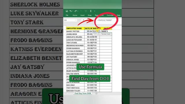 Find Day from DOB in MS Excel with TEXT Function ✌?? #shortsvideo #excel #trick #viral