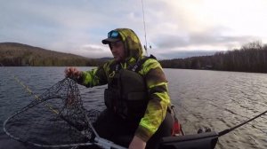 Kayak Trolling for Ice Out Lake Trout. Maine. Old Town Predator PDL.