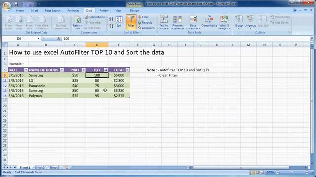 Microsoft excel training |How to Use Excel AutoFilter TOP 10 and Sort the Data
