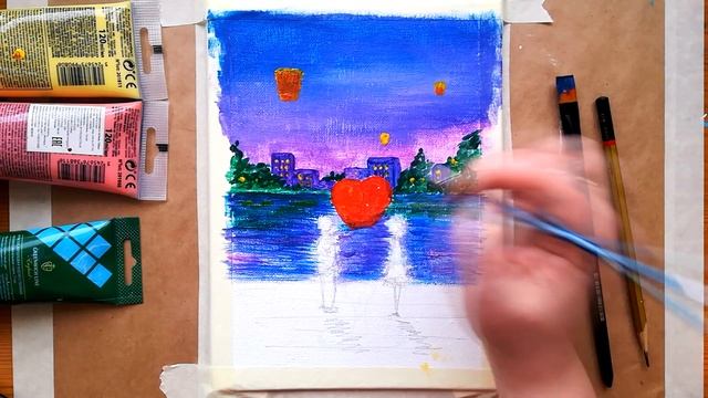 Как нарисовать ВЛЮБЛЕННУЮ ПАРУ НА ЗАКАТЕ | Открытка на 14 февраля | Урок рисования для начинающих
