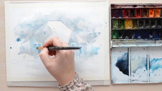 Акварельный скетч с заснеженным домиком смотреть онлайн