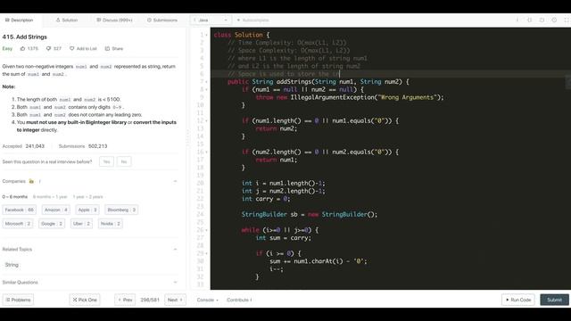 LeetCode 415: Add Strings | Popular Facebook Interview Question | Java | Easy смотреть онлайн