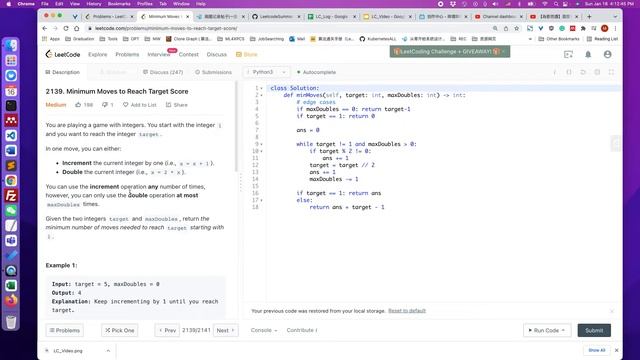 Leetcode 2139.Minimum Moves to Reach Target Score (Python)