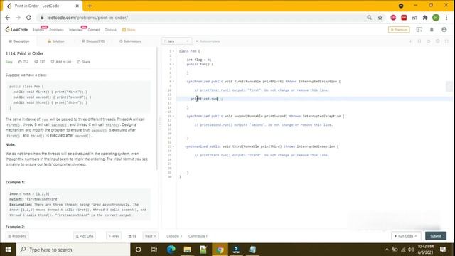 LeetCode: 1114. Print in Order | Java | Wait and Notify methods | Sequential method call | problem