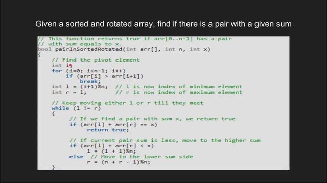 Find if there is a pair with a given sum in a sorted and rotated array | GeeksforGeeks смотреть онлайн