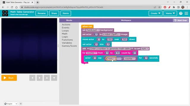 Math Table generator in play lab of code.org
