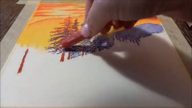 Сочный зимний закат в горах. Масляная пастель.