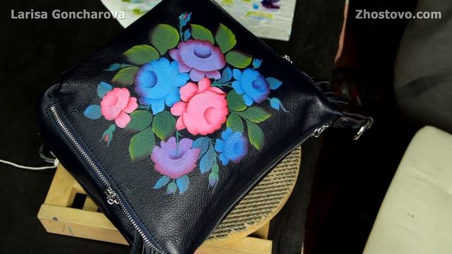 Роспись кожаной сумки акрилом. Техника росписи по коже акриловыми красками. Живопись от Гончаровой