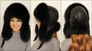 Женская шапка ушанка "Зимушка" из меха песца и натуральной кожи чёрного цвета, с ремешками на ушках